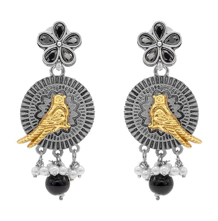 Antique Dual Two Tone Plated Traditional Floral Bird Design with Pearls Drop Medium Earrings for Women (SJE_259_S_BK)