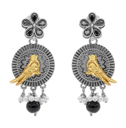 Antique Dual Two Tone Plated Traditional Floral Bird Design with Pearls Drop Medium Earrings for Women (SJE_259_S_BK)