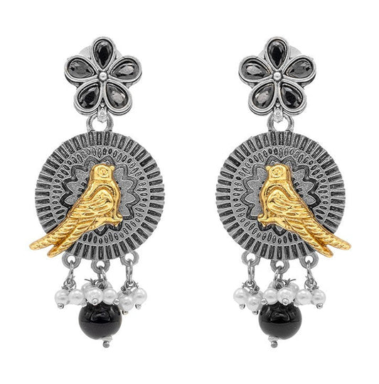 Antique Dual Two Tone Plated Traditional Floral Bird Design with Pearls Drop Medium Earrings for Women (SJE_259_S_BK)