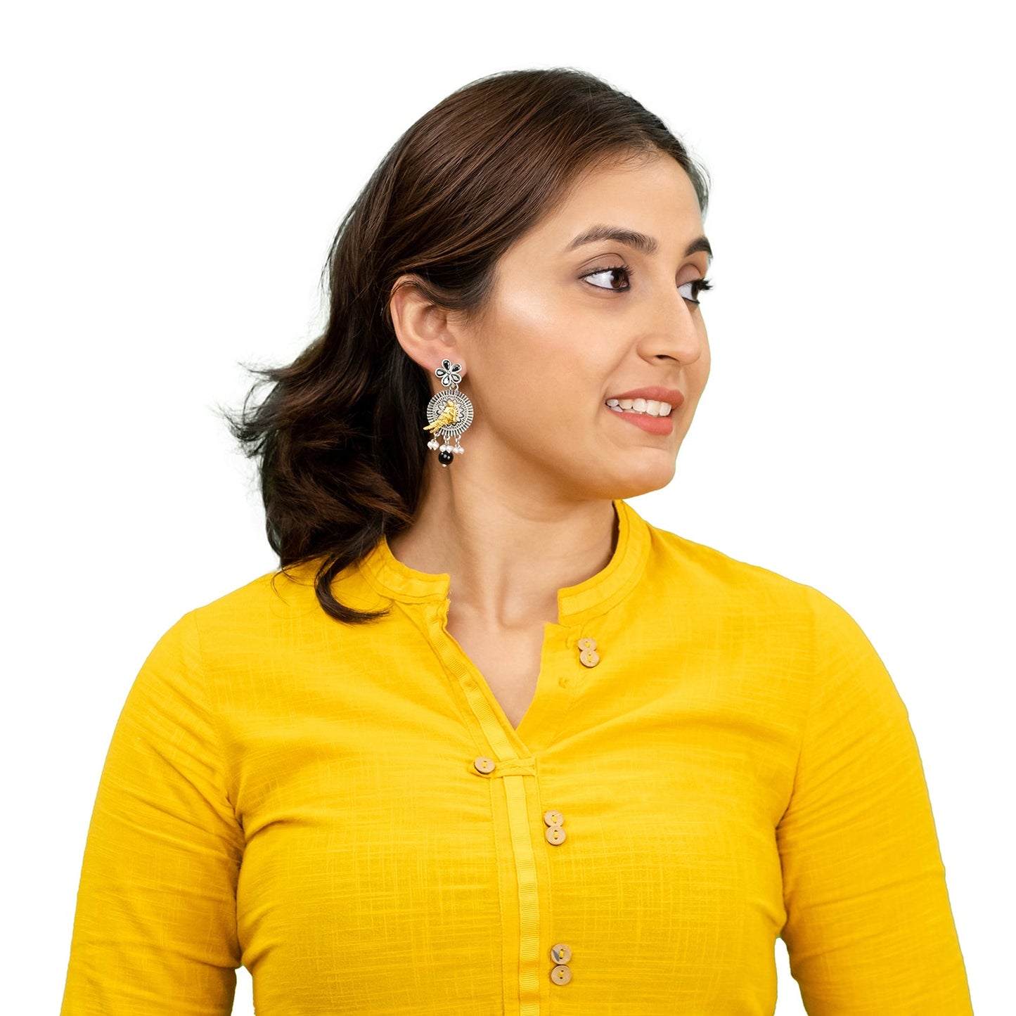 Antique Dual Two Tone Plated Traditional Floral Bird Design with Pearls Drop Medium Earrings for Women (SJE_259_S_BK)