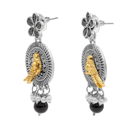 Antique Dual Two Tone Plated Traditional Floral Bird Design with Pearls Drop Medium Earrings for Women (SJE_259_S_BK)