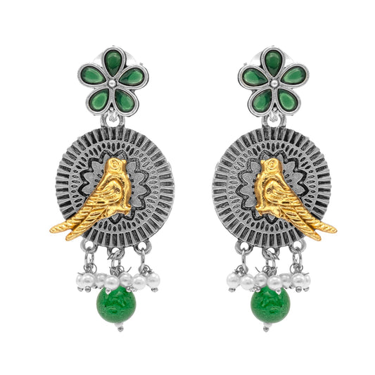 Antique Dual Two Tone Plated Traditional Floral Bird Design with Pearls Drop Medium Earrings for Women (SJE_259_S_G)