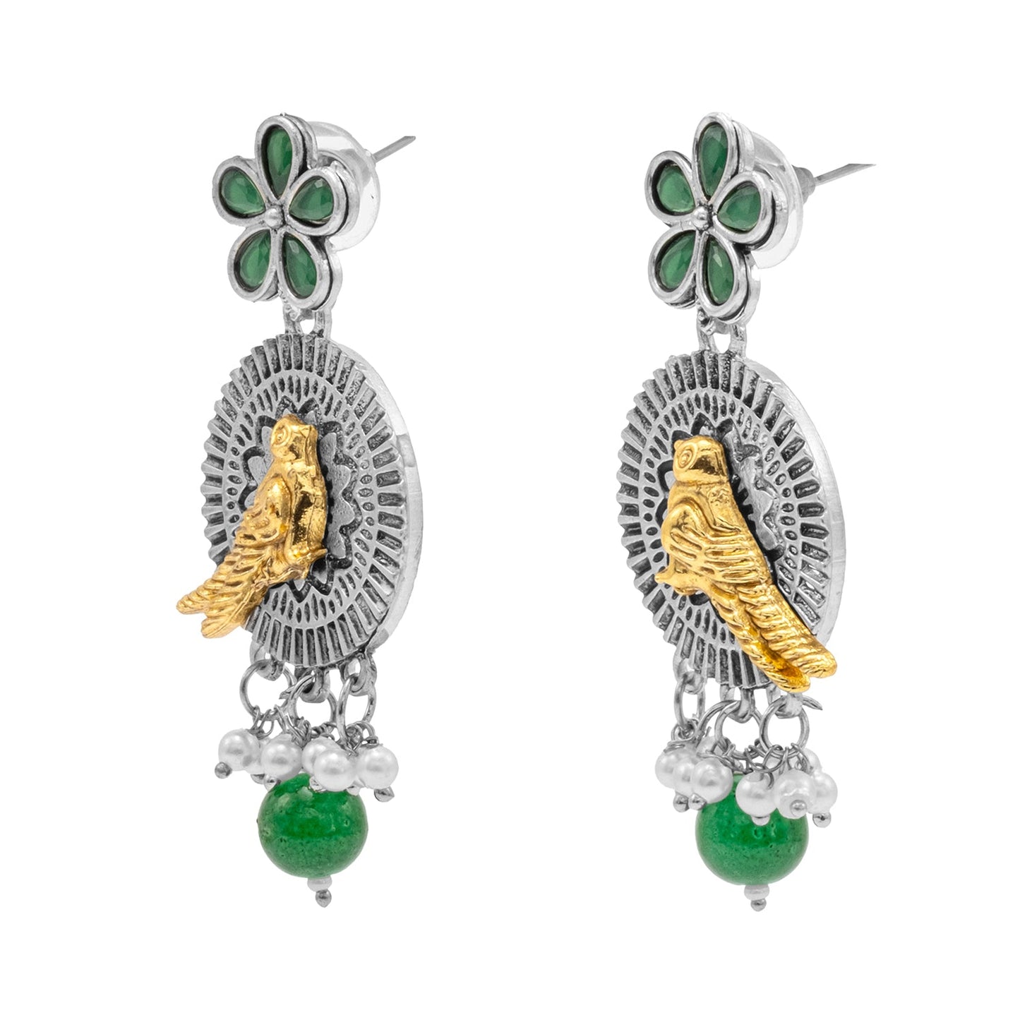 Antique Dual Two Tone Plated Traditional Floral Bird Design with Pearls Drop Medium Earrings for Women (SJE_259_S_G)