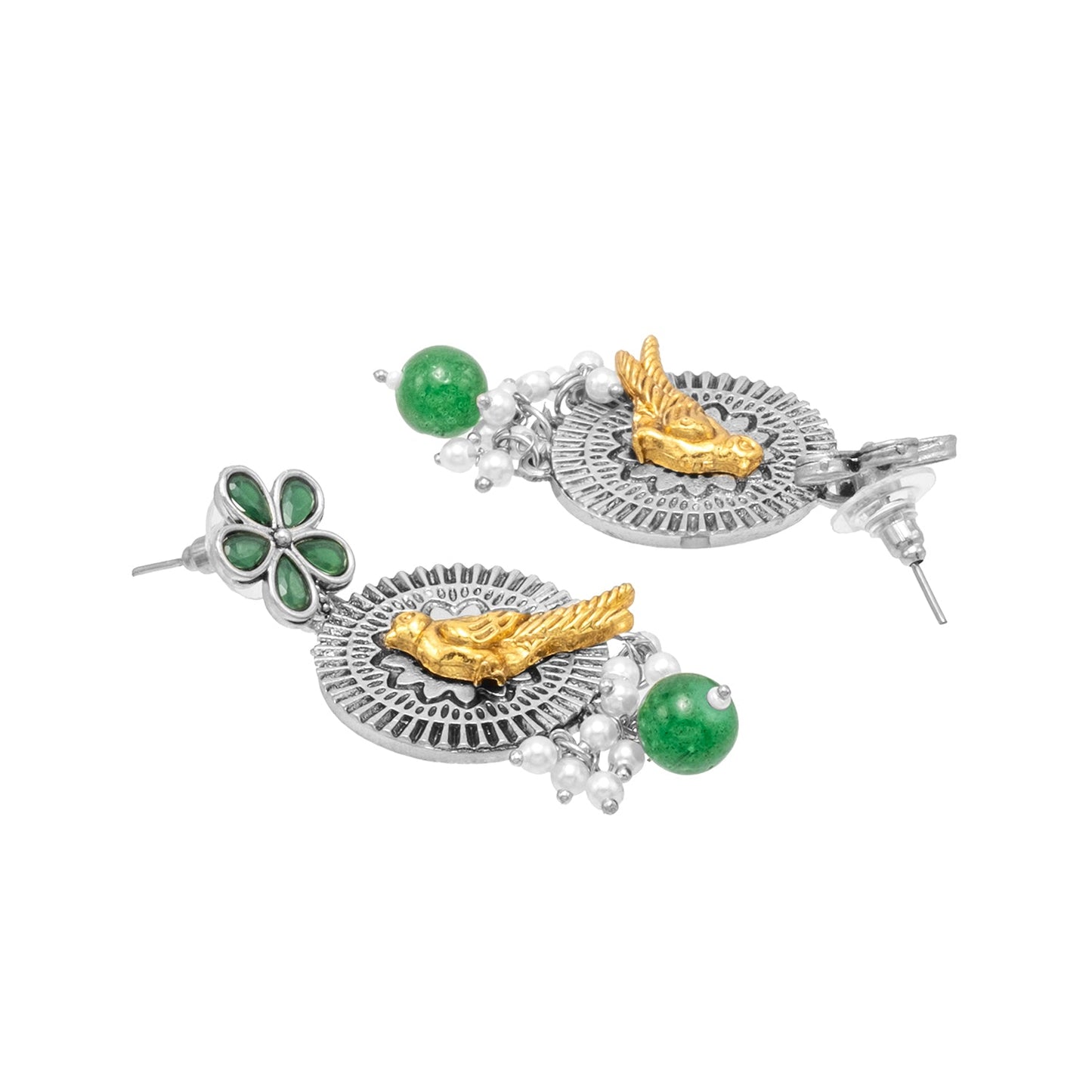 Antique Dual Two Tone Plated Traditional Floral Bird Design with Pearls Drop Medium Earrings for Women (SJE_259_S_G)