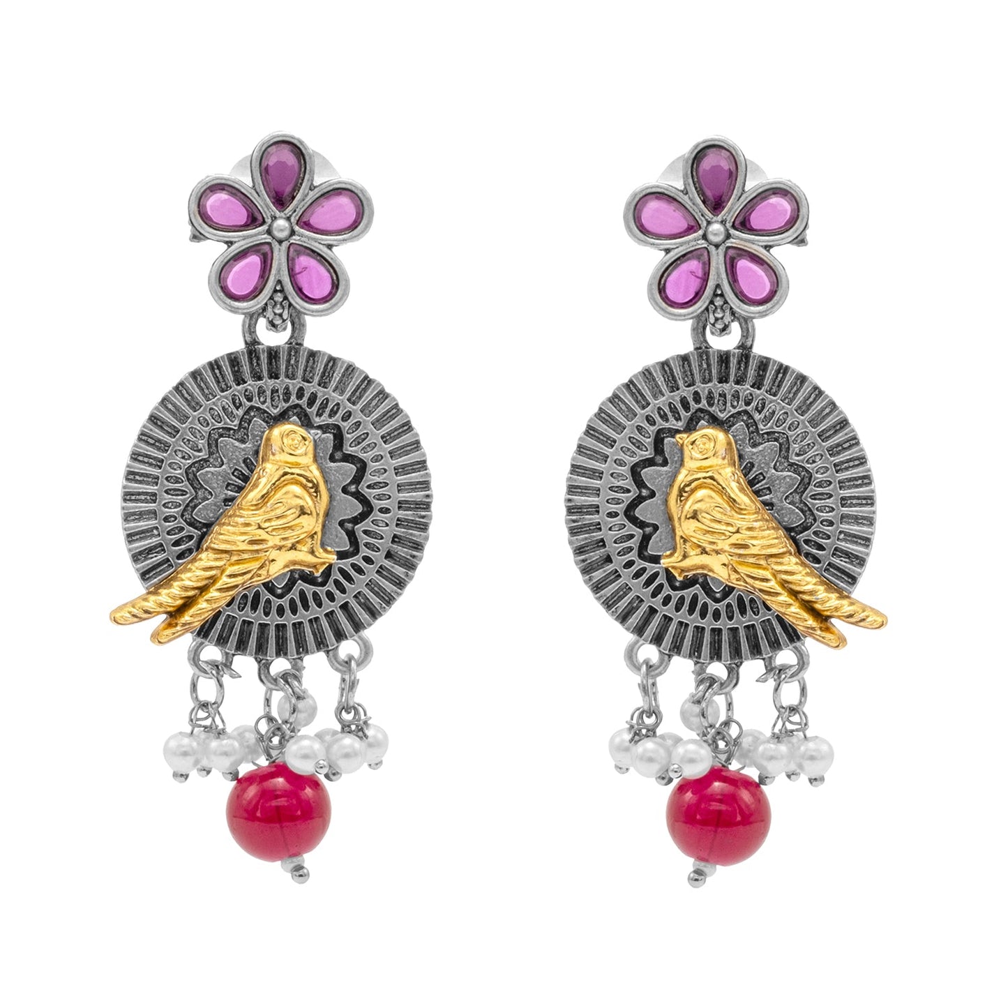Antique Dual Two Tone Plated Traditional Floral Bird Design with Pearls Drop Medium Earrings for Women (SJE_259_S_M)