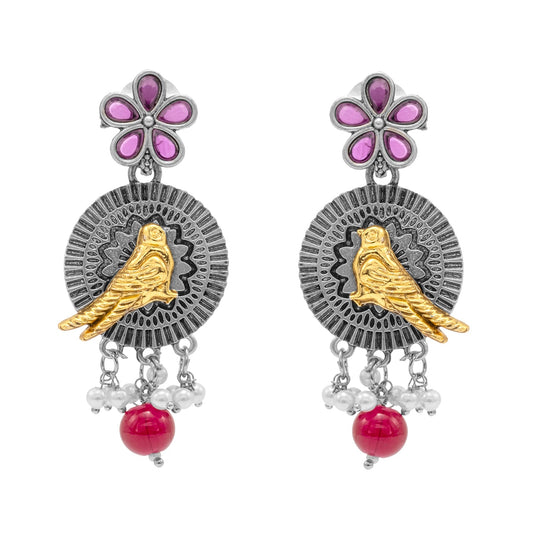Antique Dual Two Tone Plated Traditional Floral Bird Design with Pearls Drop Medium Earrings for Women (SJE_259_S_M)