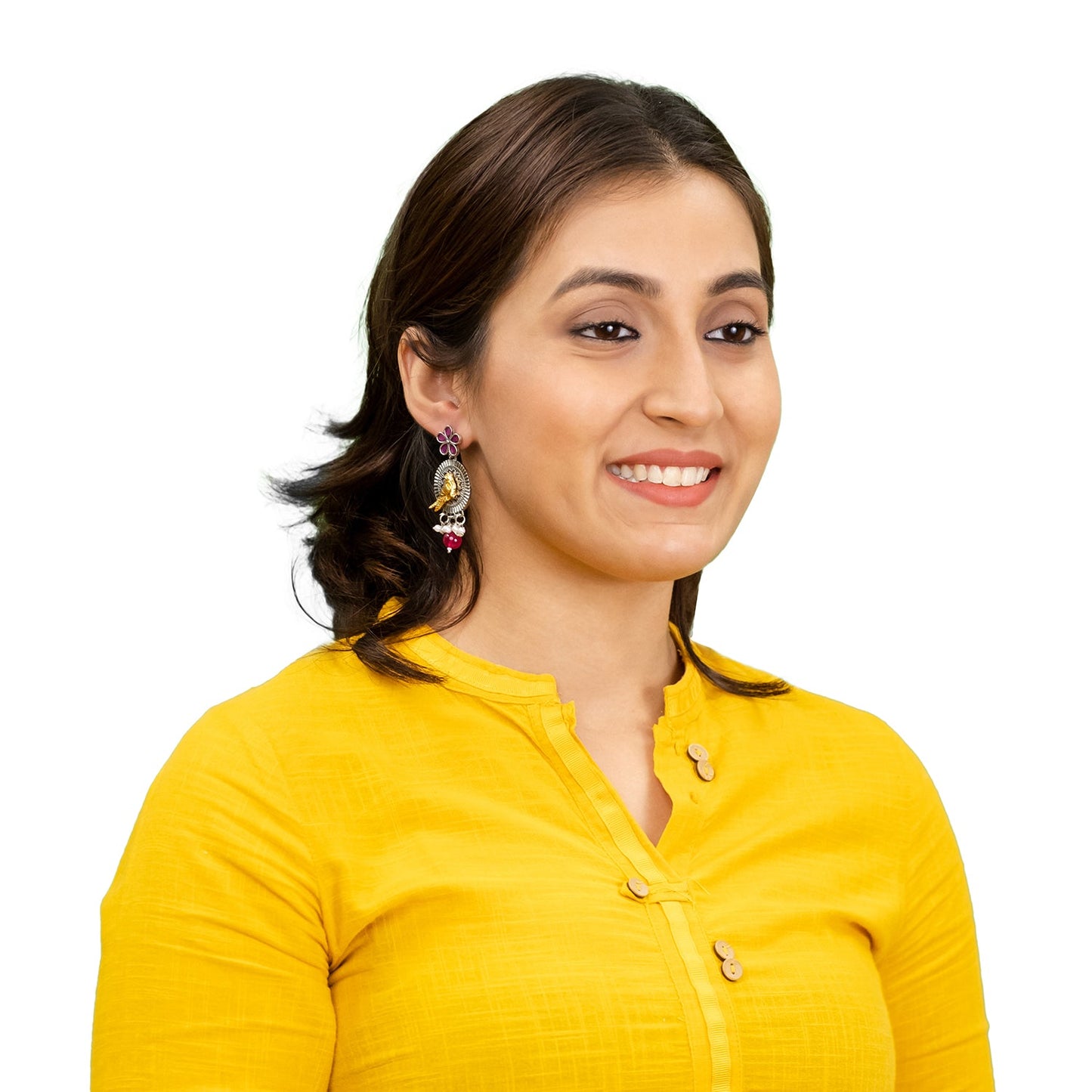 Antique Dual Two Tone Plated Traditional Floral Bird Design with Pearls Drop Medium Earrings for Women (SJE_259_S_M)