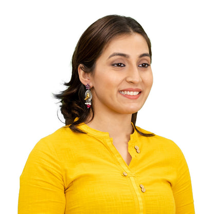 Antique Dual Two Tone Plated Traditional Floral Bird Design with Pearls Drop Medium Earrings for Women (SJE_259_S_M)