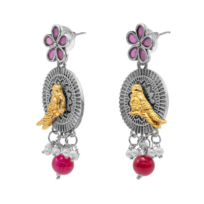 Antique Dual Two Tone Plated Traditional Floral Bird Design with Pearls Drop Medium Earrings for Women (SJE_259_S_M)