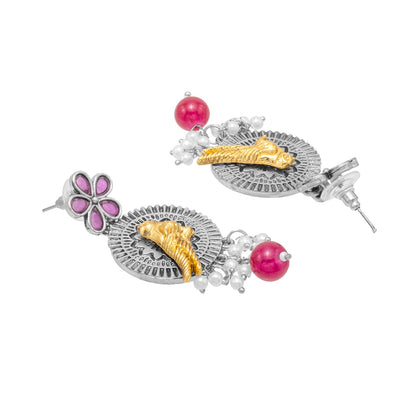 Antique Dual Two Tone Plated Traditional Floral Bird Design with Pearls Drop Medium Earrings for Women (SJE_259_S_M)
