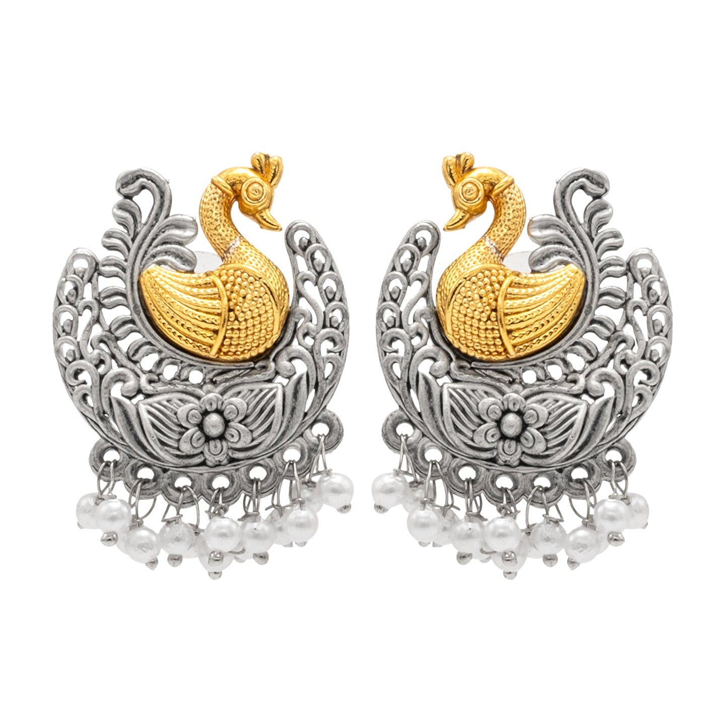 Antique Dual Two Tone Plated Traditional Floral Bird Design with Pearls Drop Medium Earrings for Women (SJE_260)
