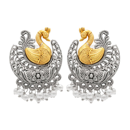 Antique Dual Two Tone Plated Traditional Floral Bird Design with Pearls Drop Medium Earrings for Women (SJE_260)