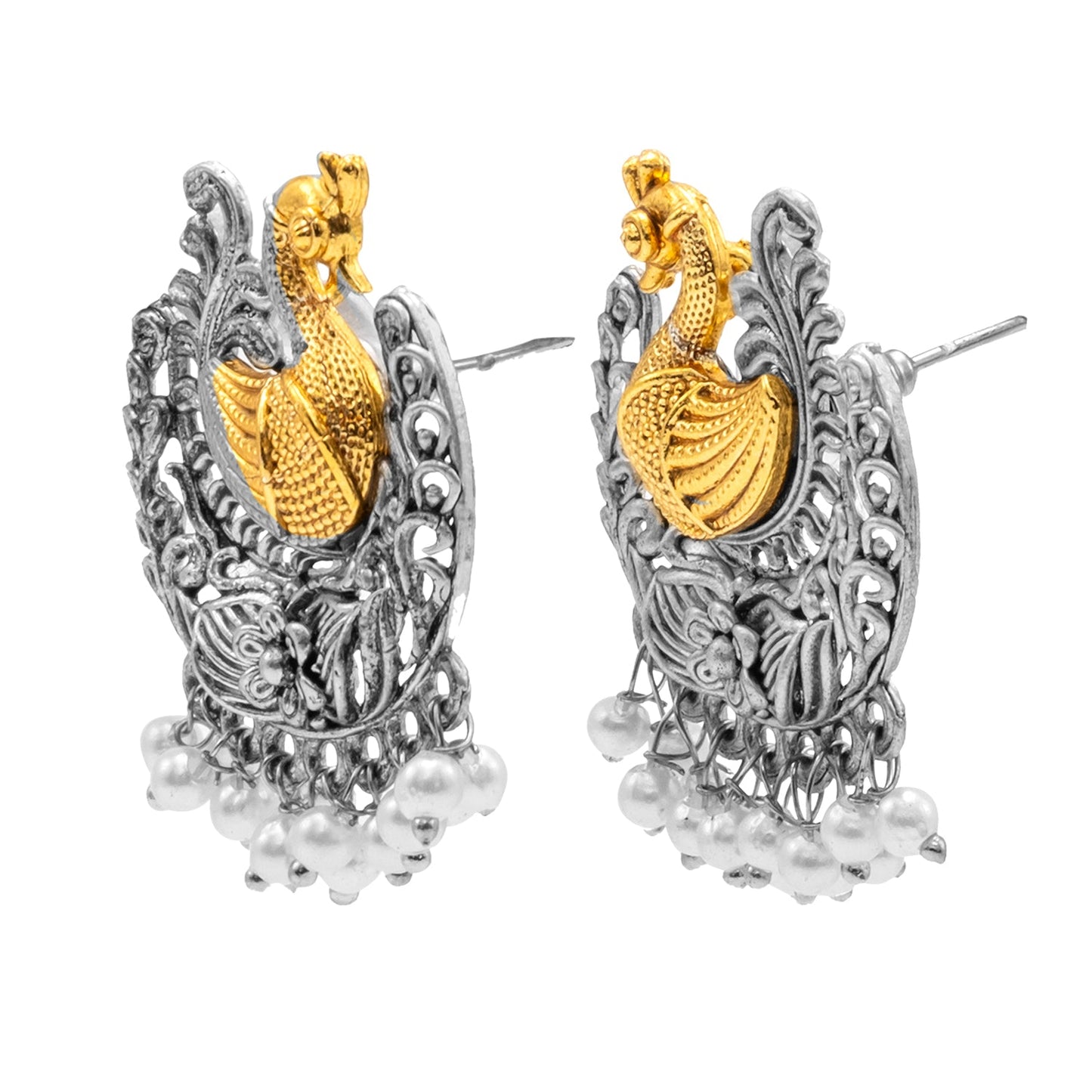 Antique Dual Two Tone Plated Traditional Floral Bird Design with Pearls Drop Medium Earrings for Women (SJE_260)