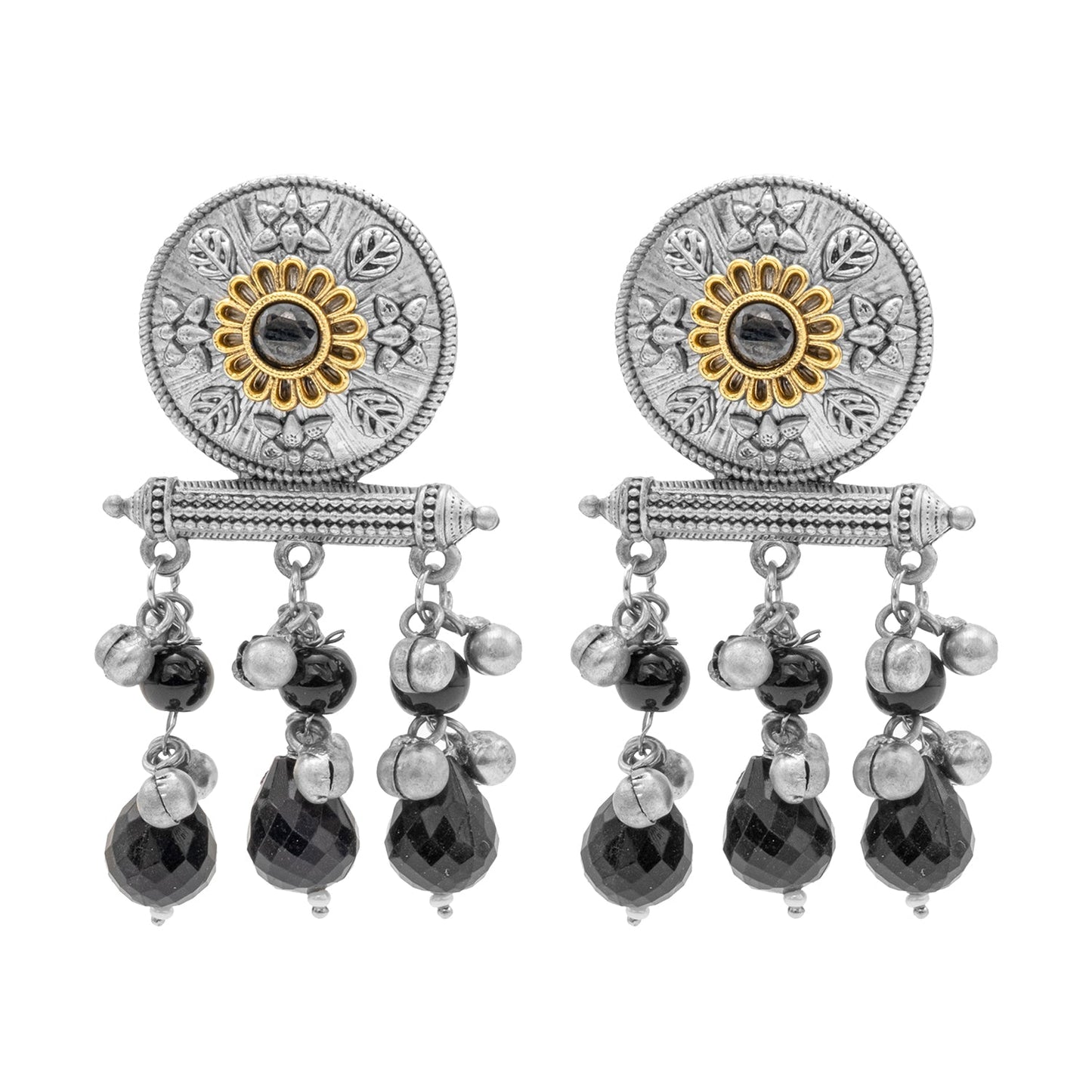 Antique Matte Dual Two Tone Plated Traditional Floral Leaf Design with Pearls Drop Medium Earrings for Women (SJE_261_S_BK)