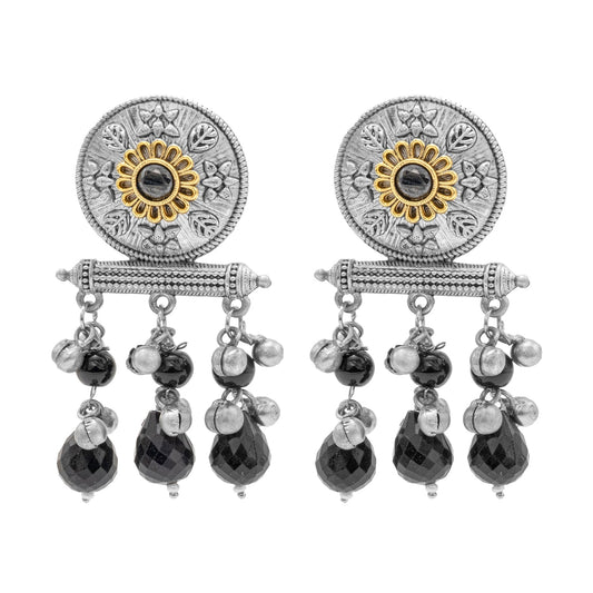 Antique Matte Dual Two Tone Plated Traditional Floral Leaf Design with Pearls Drop Medium Earrings for Women (SJE_261_S_BK)