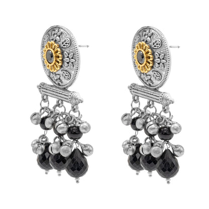 Antique Matte Dual Two Tone Plated Traditional Floral Leaf Design with Pearls Drop Medium Earrings for Women (SJE_261_S_BK)
