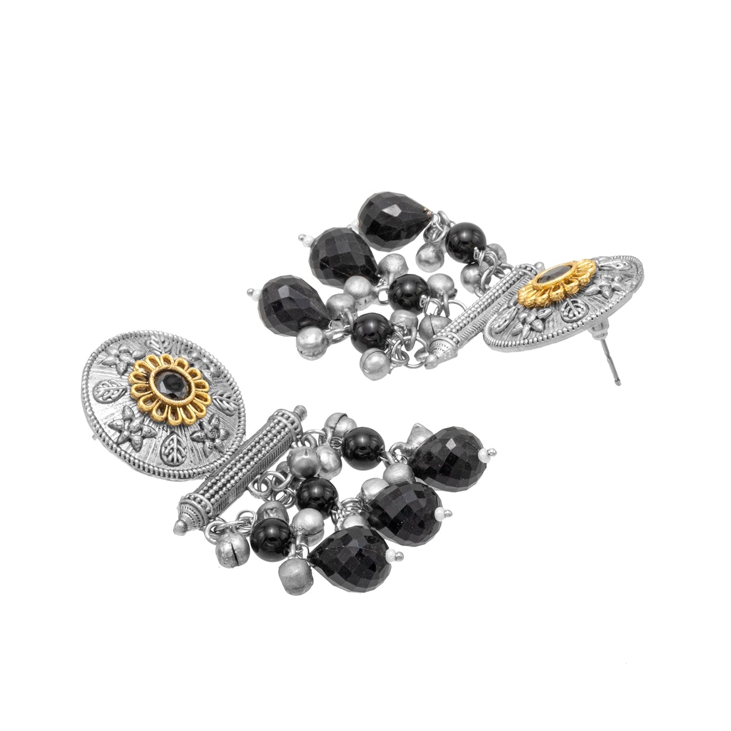Antique Matte Dual Two Tone Plated Traditional Floral Leaf Design with Pearls Drop Medium Earrings for Women (SJE_261_S_BK)