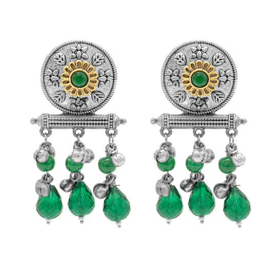 Antique Matte Dual Two Tone Plated Traditional Floral Leaf Design with Pearls Drop Medium Earrings for Women (SJE_261_S_G)