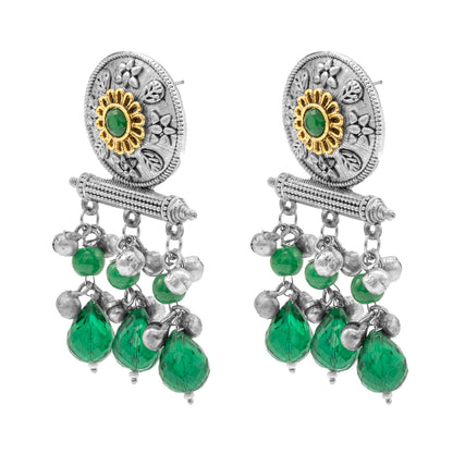 Antique Matte Dual Two Tone Plated Traditional Floral Leaf Design with Pearls Drop Medium Earrings for Women (SJE_261_S_G)