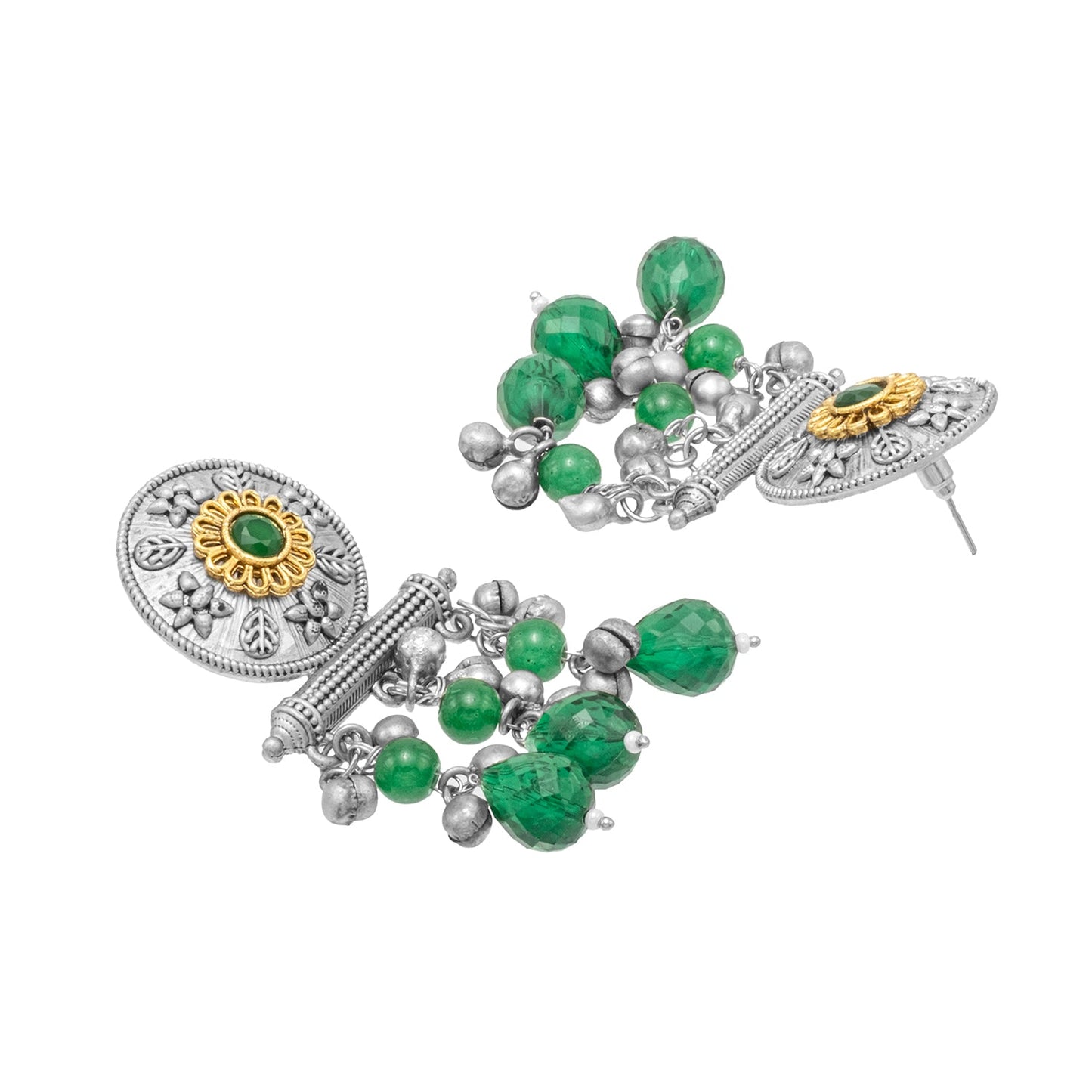 Antique Matte Dual Two Tone Plated Traditional Floral Leaf Design with Pearls Drop Medium Earrings for Women (SJE_261_S_G)