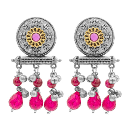 Antique Matte Dual Two Tone Plated Traditional Floral Leaf Design with Pearls Drop Medium Earrings for Women (SJE_261_S_M)