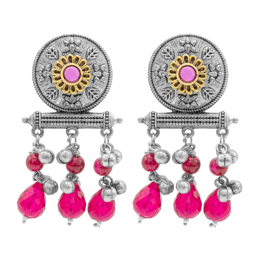 Antique Matte Dual Two Tone Plated Traditional Floral Leaf Design with Pearls Drop Medium Earrings for Women (SJE_261_S_M)