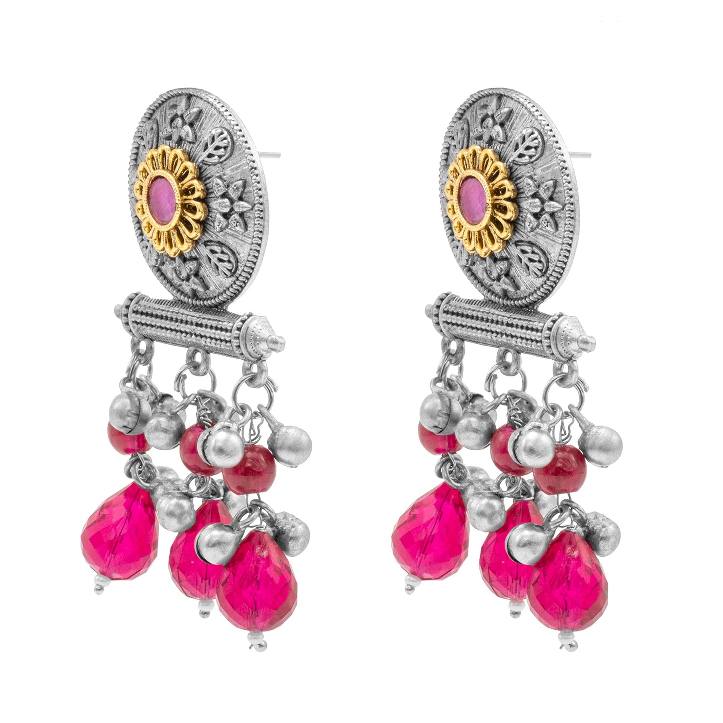 Antique Matte Dual Two Tone Plated Traditional Floral Leaf Design with Pearls Drop Medium Earrings for Women (SJE_261_S_M)