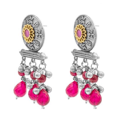 Antique Matte Dual Two Tone Plated Traditional Floral Leaf Design with Pearls Drop Medium Earrings for Women (SJE_261_S_M)