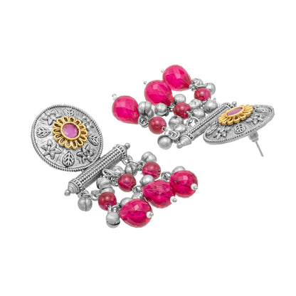 Antique Matte Dual Two Tone Plated Traditional Floral Leaf Design with Pearls Drop Medium Earrings for Women (SJE_261_S_M)