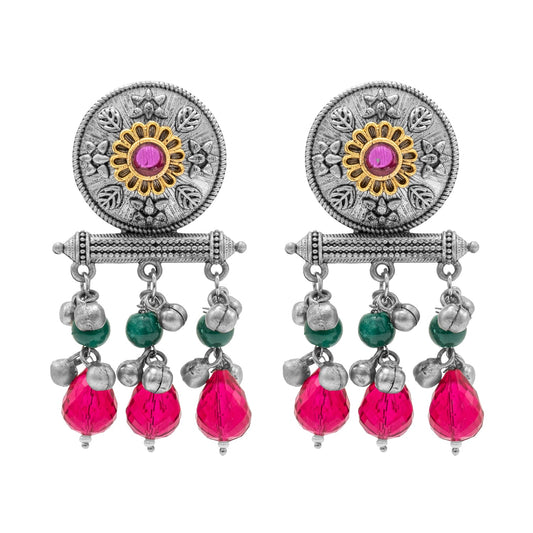 Antique Matte Dual Two Tone Plated Traditional Floral Leaf Design with Pearls Drop Medium Earrings for Women (SJE_261_S_RG)