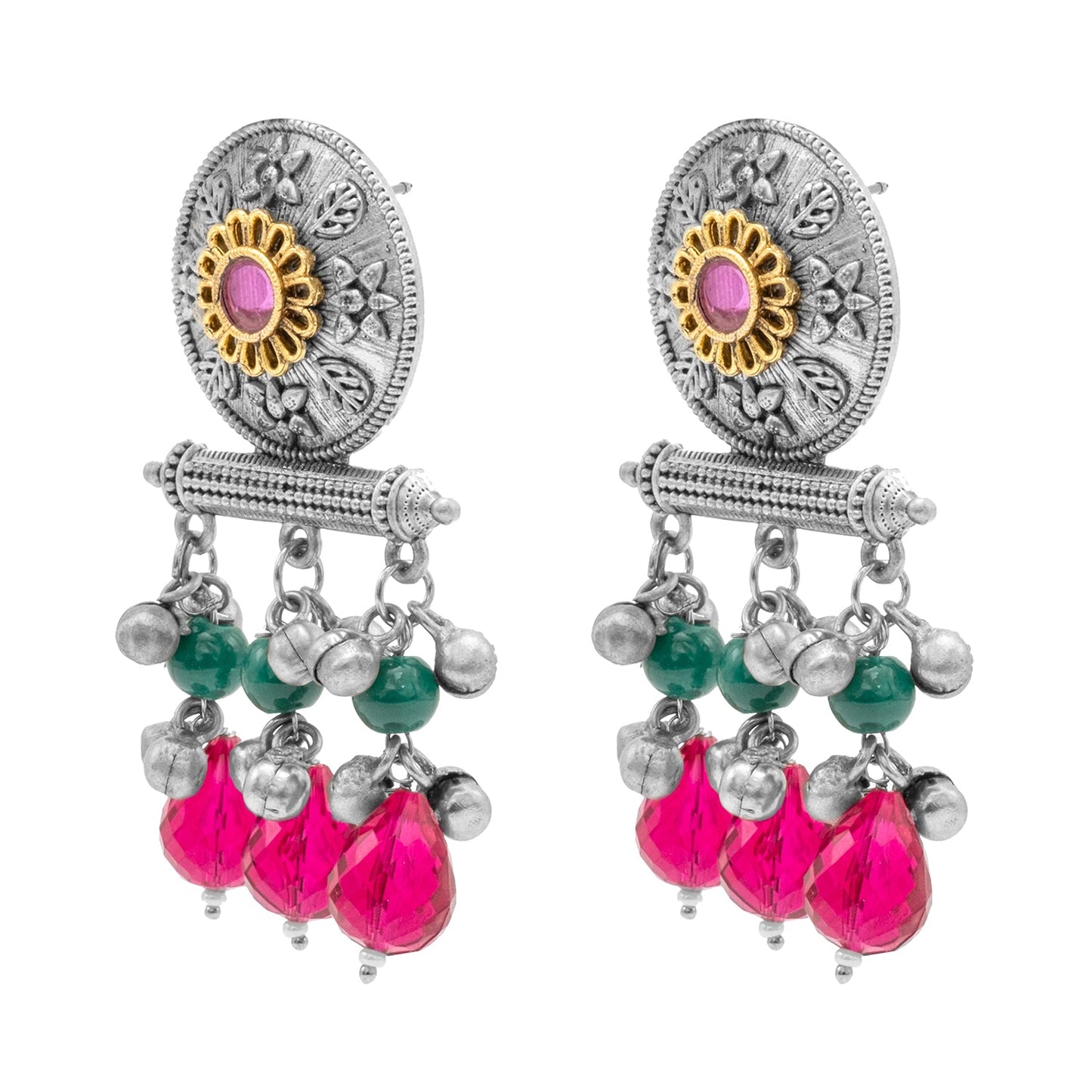 Antique Matte Dual Two Tone Plated Traditional Floral Leaf Design with Pearls Drop Medium Earrings for Women (SJE_261_S_RG)