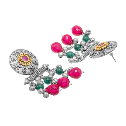 Antique Matte Dual Two Tone Plated Traditional Floral Leaf Design with Pearls Drop Medium Earrings for Women (SJE_261_S_RG)