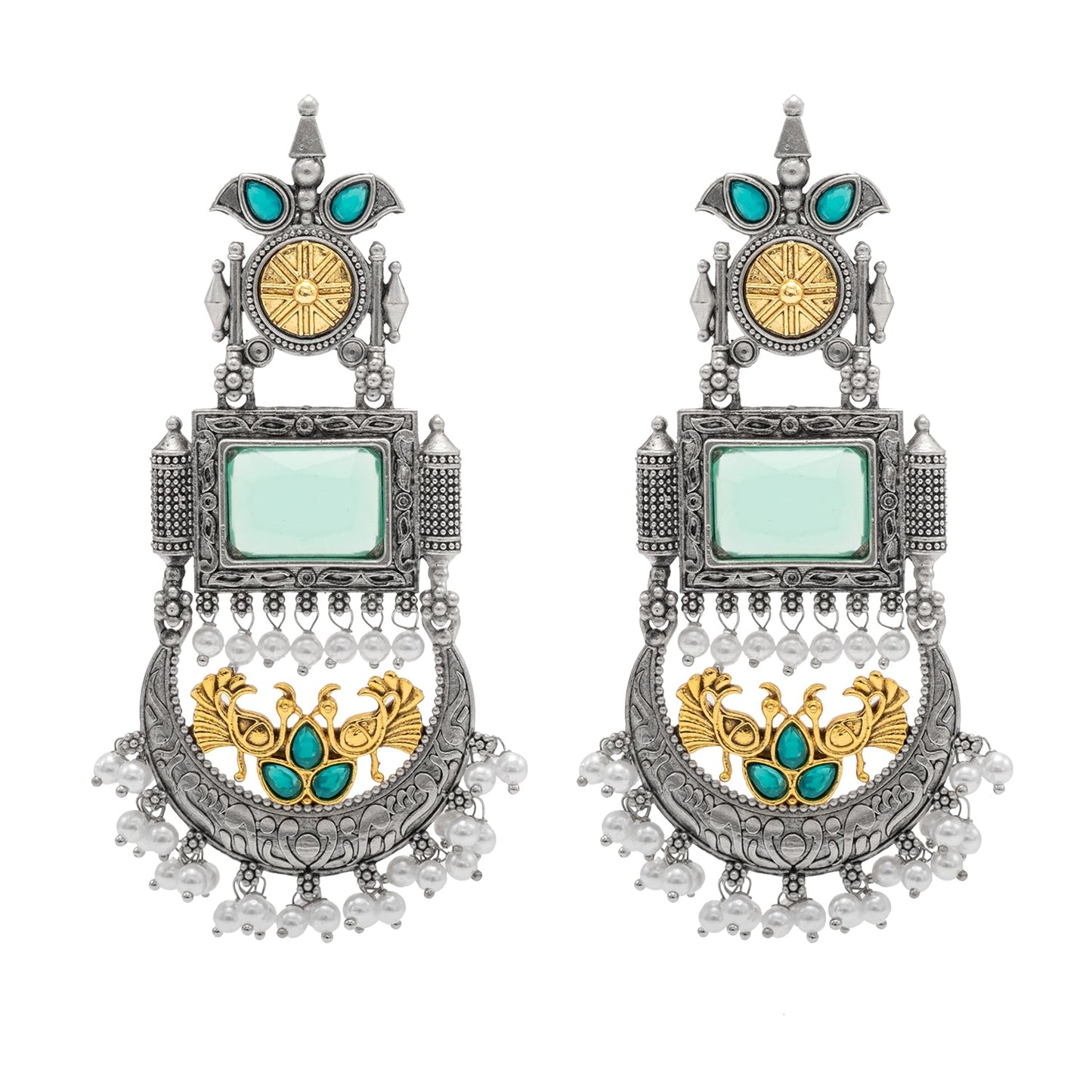 Traditional Indian Matte Antique Silver Chandbali Chandelier Dual Two Tone Plated CZ, Pearl Studded Over Sized Drop Bridal Earring For Women (SJE_262_LG)