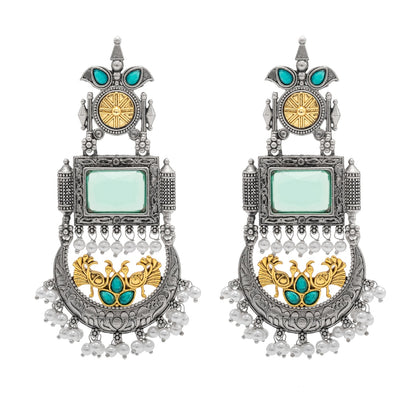 Traditional Indian Matte Antique Silver Chandbali Chandelier Dual Two Tone Plated CZ, Pearl Studded Over Sized Drop Bridal Earring For Women (SJE_262_LG)
