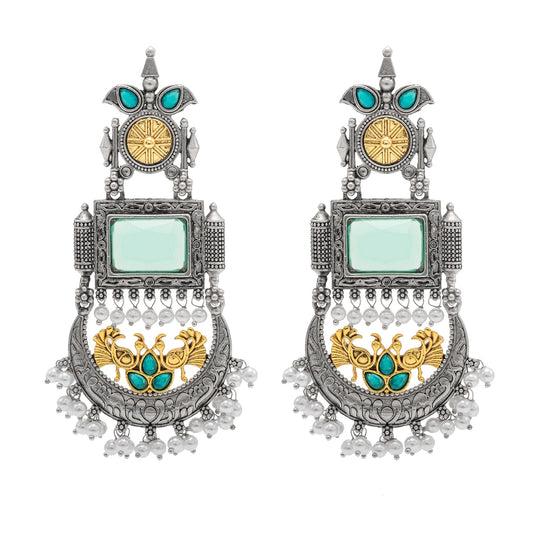 Traditional Indian Matte Antique Silver Chandbali Chandelier Dual Two Tone Plated CZ, Pearl Studded Over Sized Drop Bridal Earring For Women (SJE_262_LG)