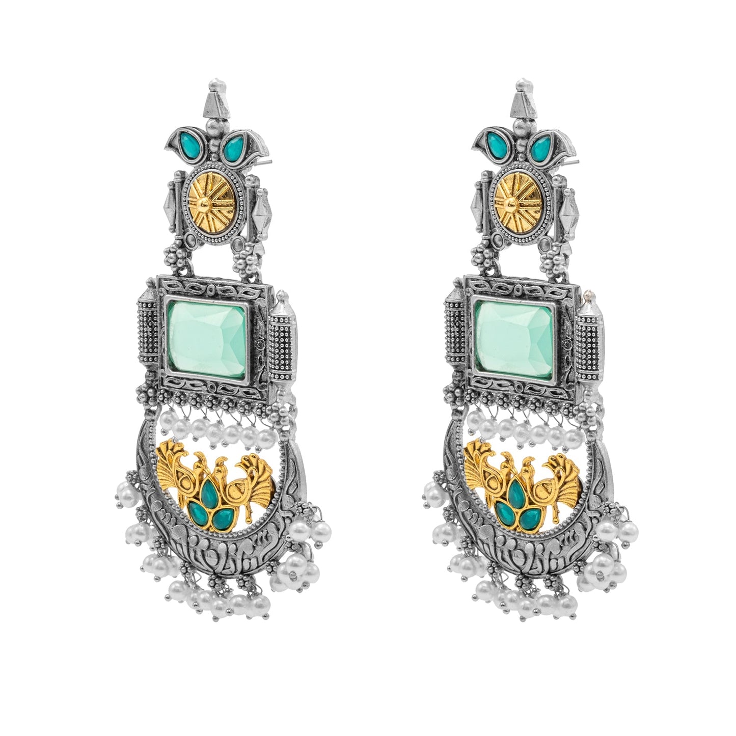 Traditional Indian Matte Antique Silver Chandbali Chandelier Dual Two Tone Plated CZ, Pearl Studded Over Sized Drop Bridal Earring For Women (SJE_262_LG)