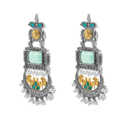 Traditional Indian Matte Antique Silver Chandbali Chandelier Dual Two Tone Plated CZ, Pearl Studded Over Sized Drop Bridal Earring For Women (SJE_262_LG)
