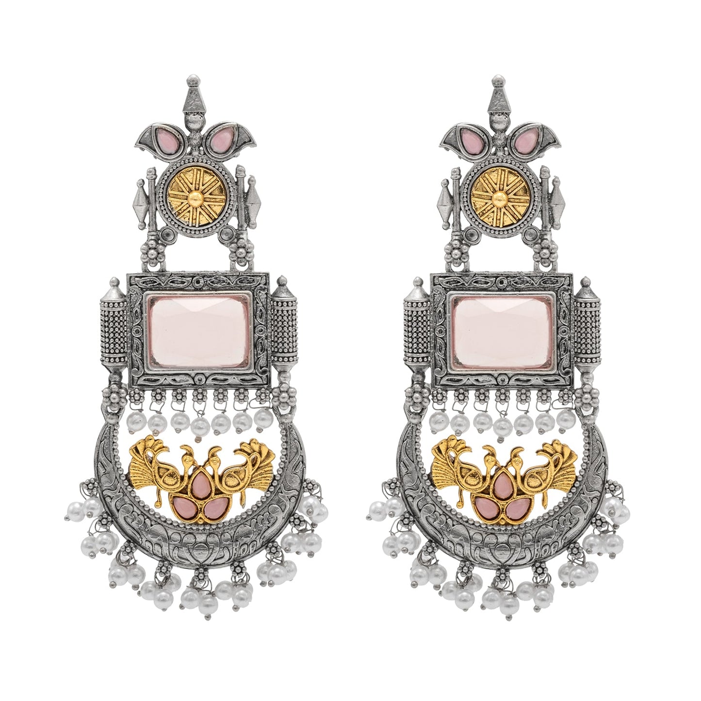 Traditional Indian Matte Antique Silver Chandbali Chandelier Dual Two Tone Plated CZ, Pearl Studded Over Sized Drop Bridal Earring For Women (SJE_262_LP)