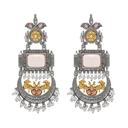 Traditional Indian Matte Antique Silver Chandbali Chandelier Dual Two Tone Plated CZ, Pearl Studded Over Sized Drop Bridal Earring For Women (SJE_262_LP)