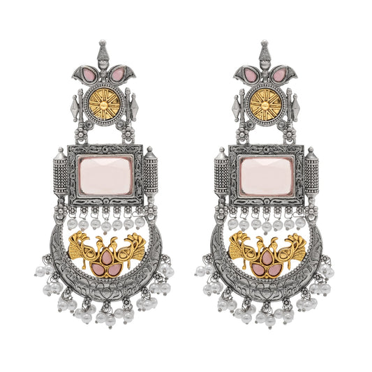 Traditional Indian Matte Antique Silver Chandbali Chandelier Dual Two Tone Plated CZ, Pearl Studded Over Sized Drop Bridal Earring For Women (SJE_262_LP)