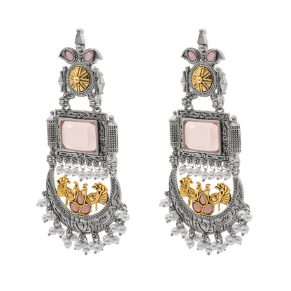Traditional Indian Matte Antique Silver Chandbali Chandelier Dual Two Tone Plated CZ, Pearl Studded Over Sized Drop Bridal Earring For Women (SJE_262_LP)