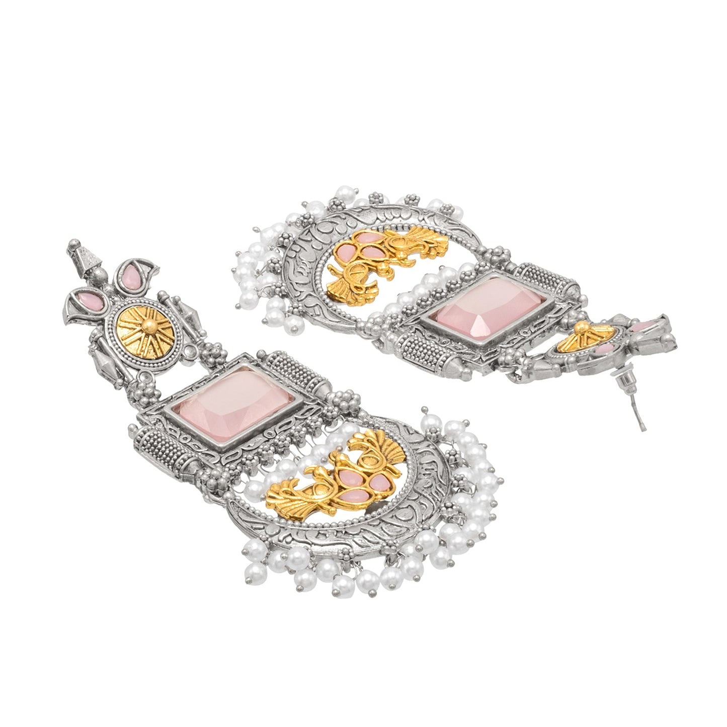 Traditional Indian Matte Antique Silver Chandbali Chandelier Dual Two Tone Plated CZ, Pearl Studded Over Sized Drop Bridal Earring For Women (SJE_262_LP)
