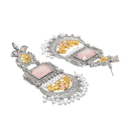 Traditional Indian Matte Antique Silver Chandbali Chandelier Dual Two Tone Plated CZ, Pearl Studded Over Sized Drop Bridal Earring For Women (SJE_262_LP)