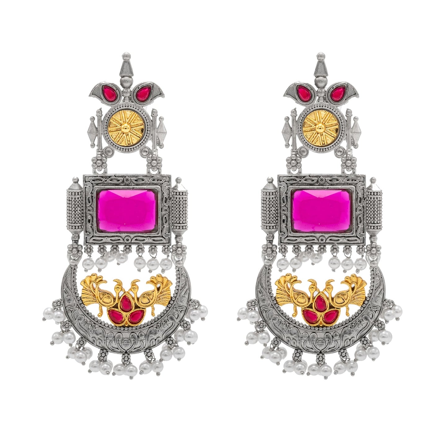 Traditional Indian Matte Antique Silver Chandbali Chandelier Dual Two Tone Plated CZ, Pearl Studded Over Sized Drop Bridal Earring For Women (SJE_262_M)