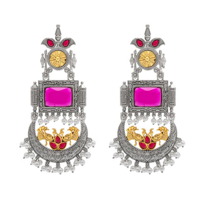 Traditional Indian Matte Antique Silver Chandbali Chandelier Dual Two Tone Plated CZ, Pearl Studded Over Sized Drop Bridal Earring For Women (SJE_262_M)