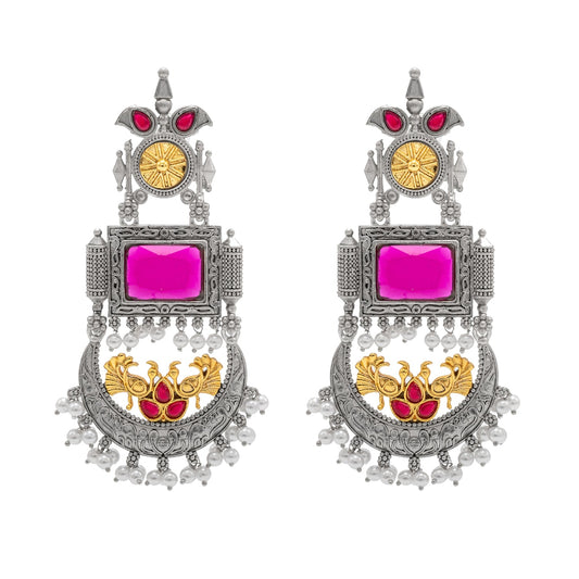 Traditional Indian Matte Antique Silver Chandbali Chandelier Dual Two Tone Plated CZ, Pearl Studded Over Sized Drop Bridal Earring For Women (SJE_262_M)