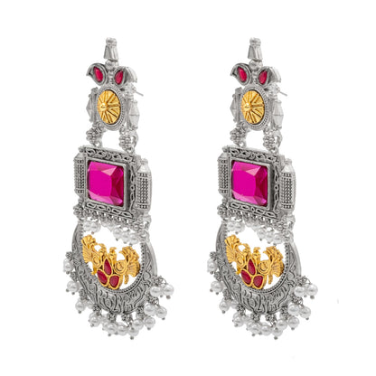 Traditional Indian Matte Antique Silver Chandbali Chandelier Dual Two Tone Plated CZ, Pearl Studded Over Sized Drop Bridal Earring For Women (SJE_262_M)