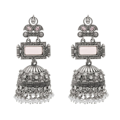Traditional Indian Antique Dual Tone Antique Silver Oxidized CZ , Pearl ,Crystal & Stylish Long Jhumka Earrings for Women (SJE_263_S_LP)