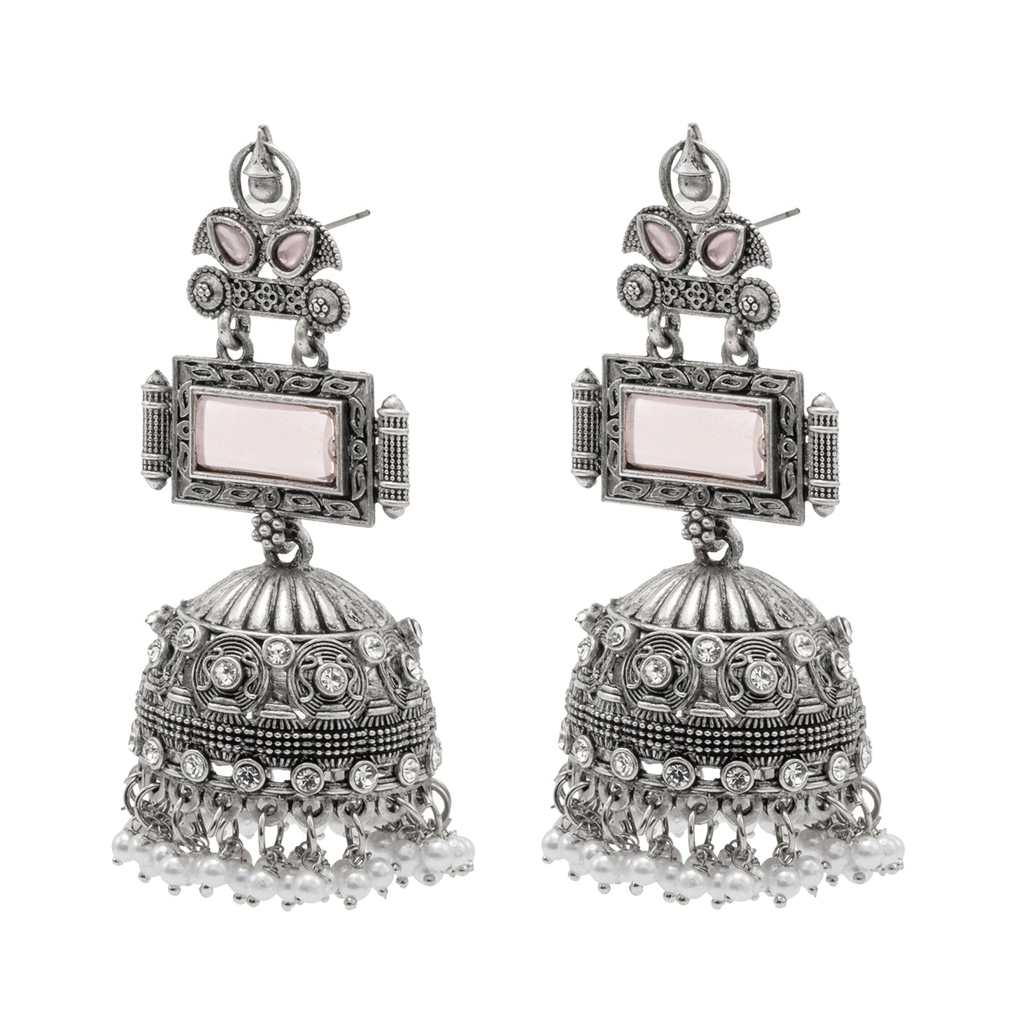 Traditional Indian Antique Dual Tone Antique Silver Oxidized CZ , Pearl ,Crystal & Stylish Long Jhumka Earrings for Women (SJE_263_S_LP)