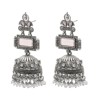 Traditional Indian Antique Dual Tone Antique Silver Oxidized CZ , Pearl ,Crystal & Stylish Long Jhumka Earrings for Women (SJE_263_S_LP)